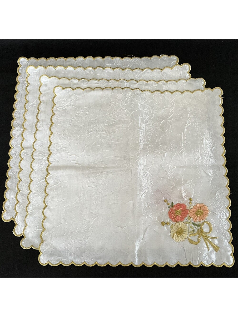 Vintage Floral Bouquet Embroidered Hankies Gold Trim Set of 4 Handkerchiefs